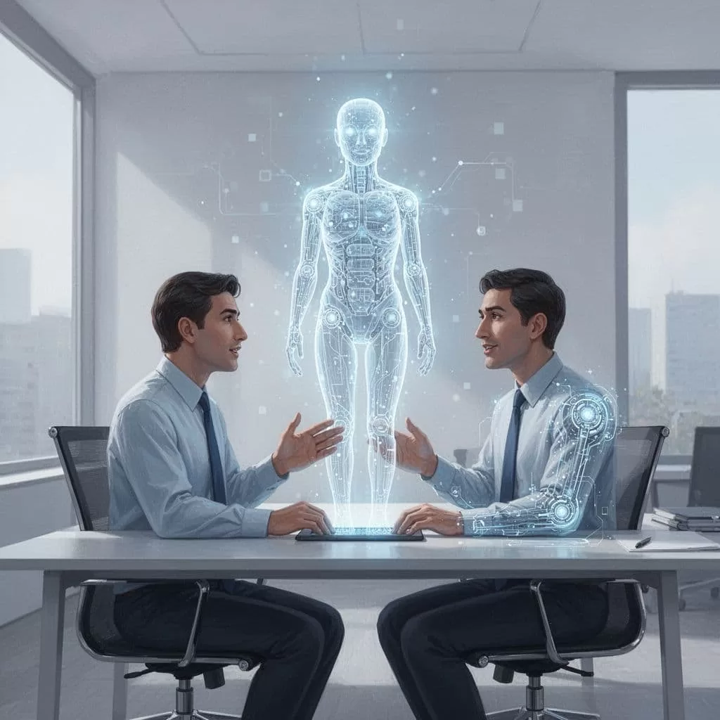 A person sits at a desk working alongside a glowing silhouette representing a digital partner.