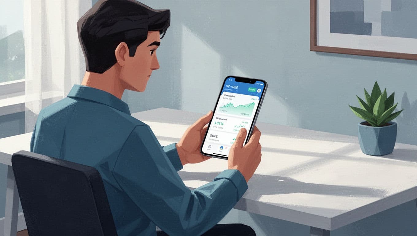 One person sits at a desk holding a smartphone with money transfer app interface visible at an angle.