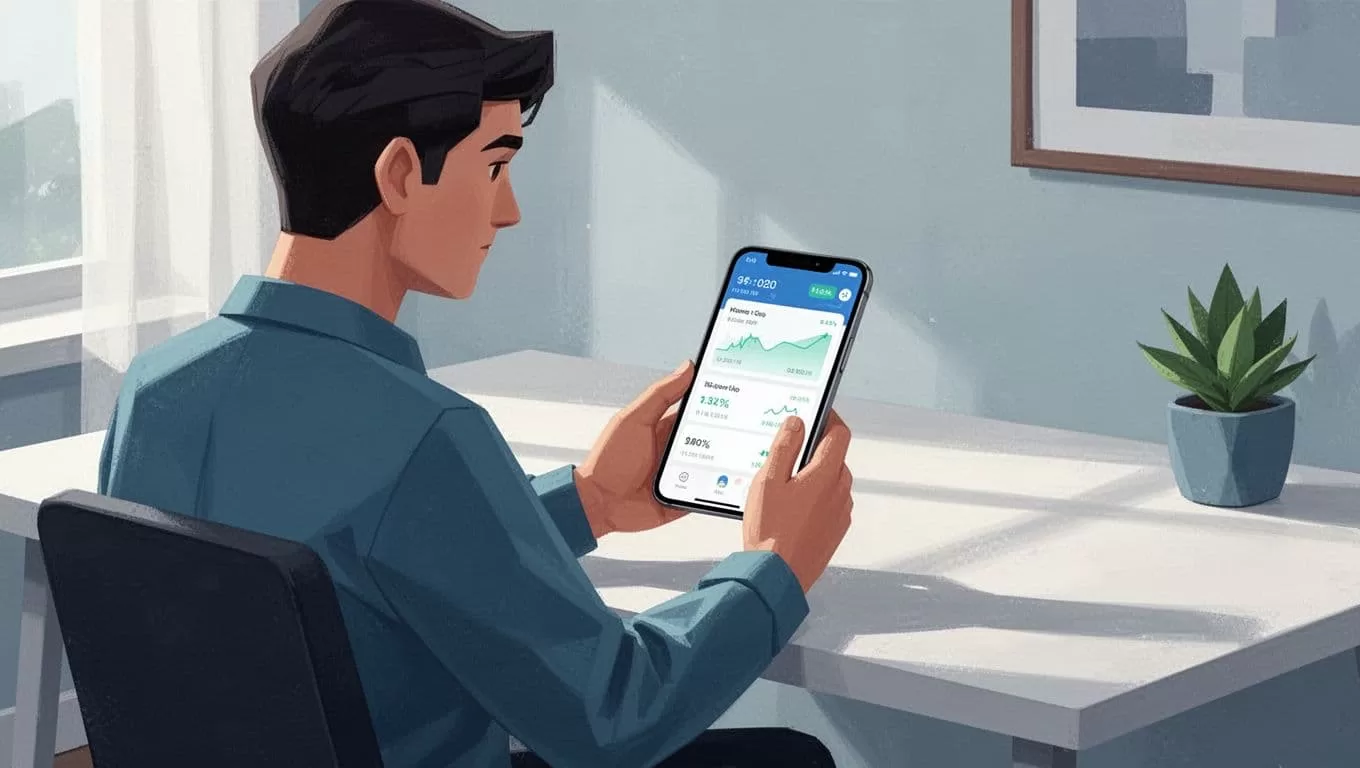 One person sits at a desk holding a smartphone with money transfer app interface visible at an angle.