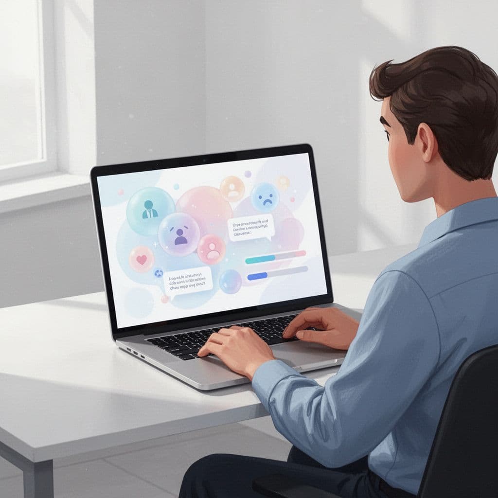 Person sits at desk with laptop showing discussion bubbles and course progress bars.