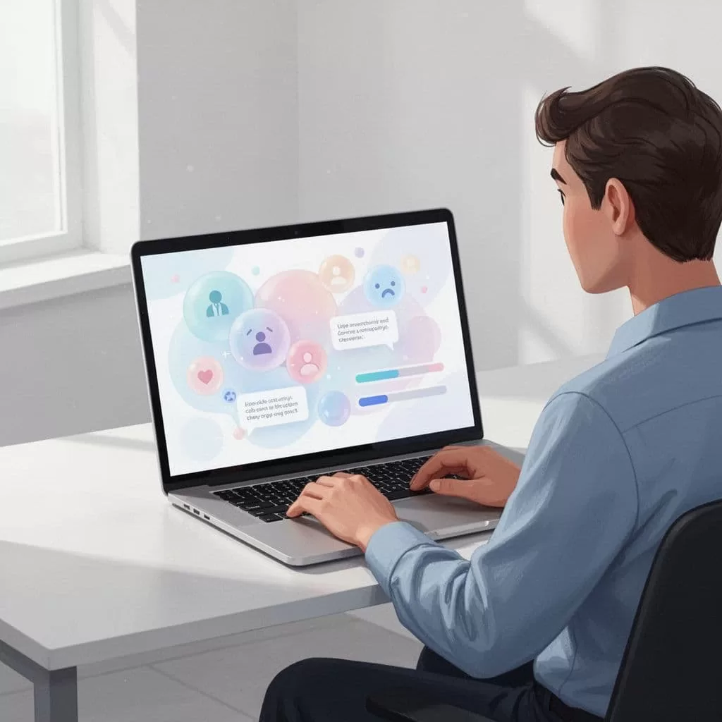 Person sits at desk with laptop showing discussion bubbles and course progress bars.