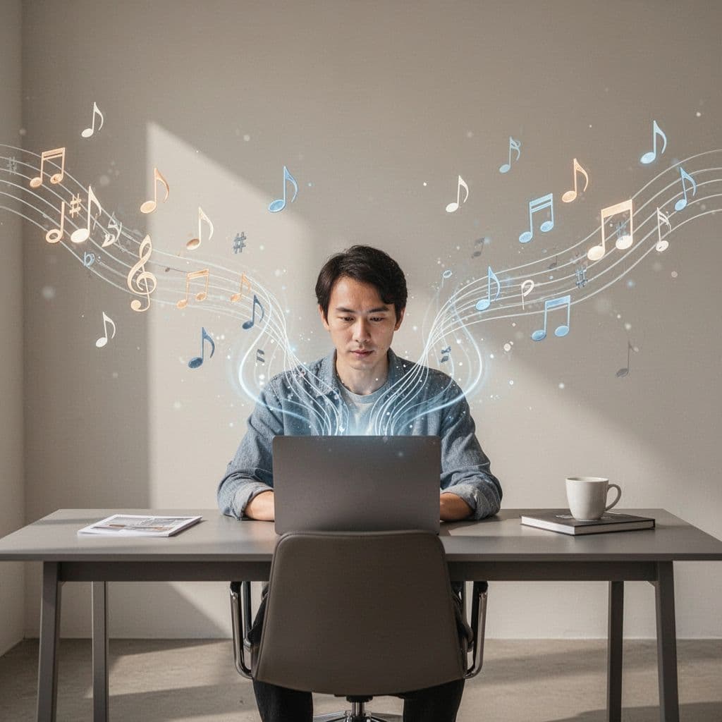 Person sits at desk with laptop, sound waves and music notes floating above device.