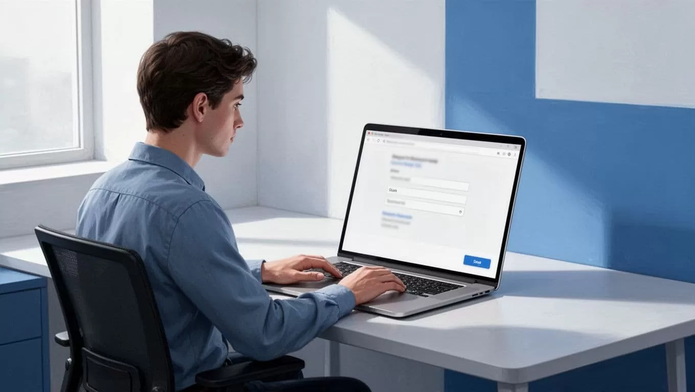 Person at desk with laptop screen showing blurred web form being auto-filled.