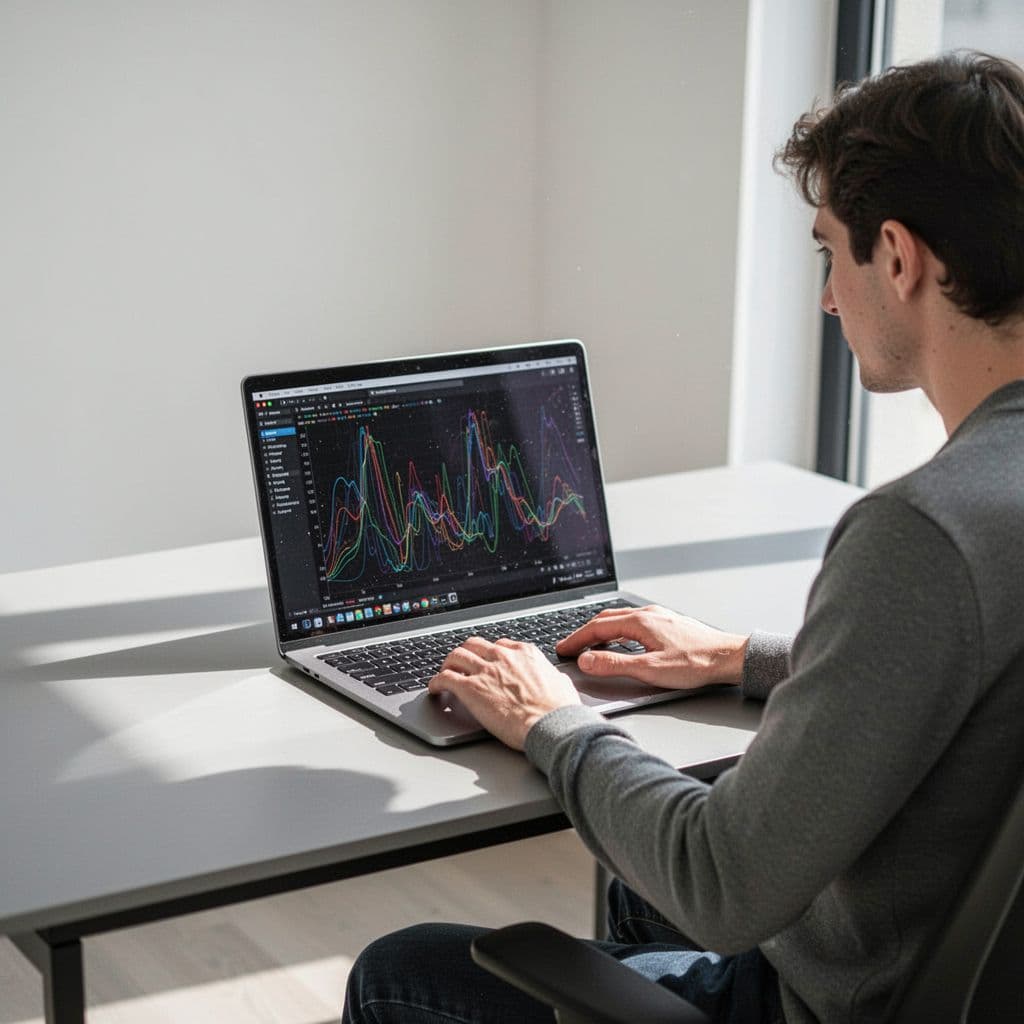 A person sits at a clean modern desk viewing abstract data trends on a laptop screen.