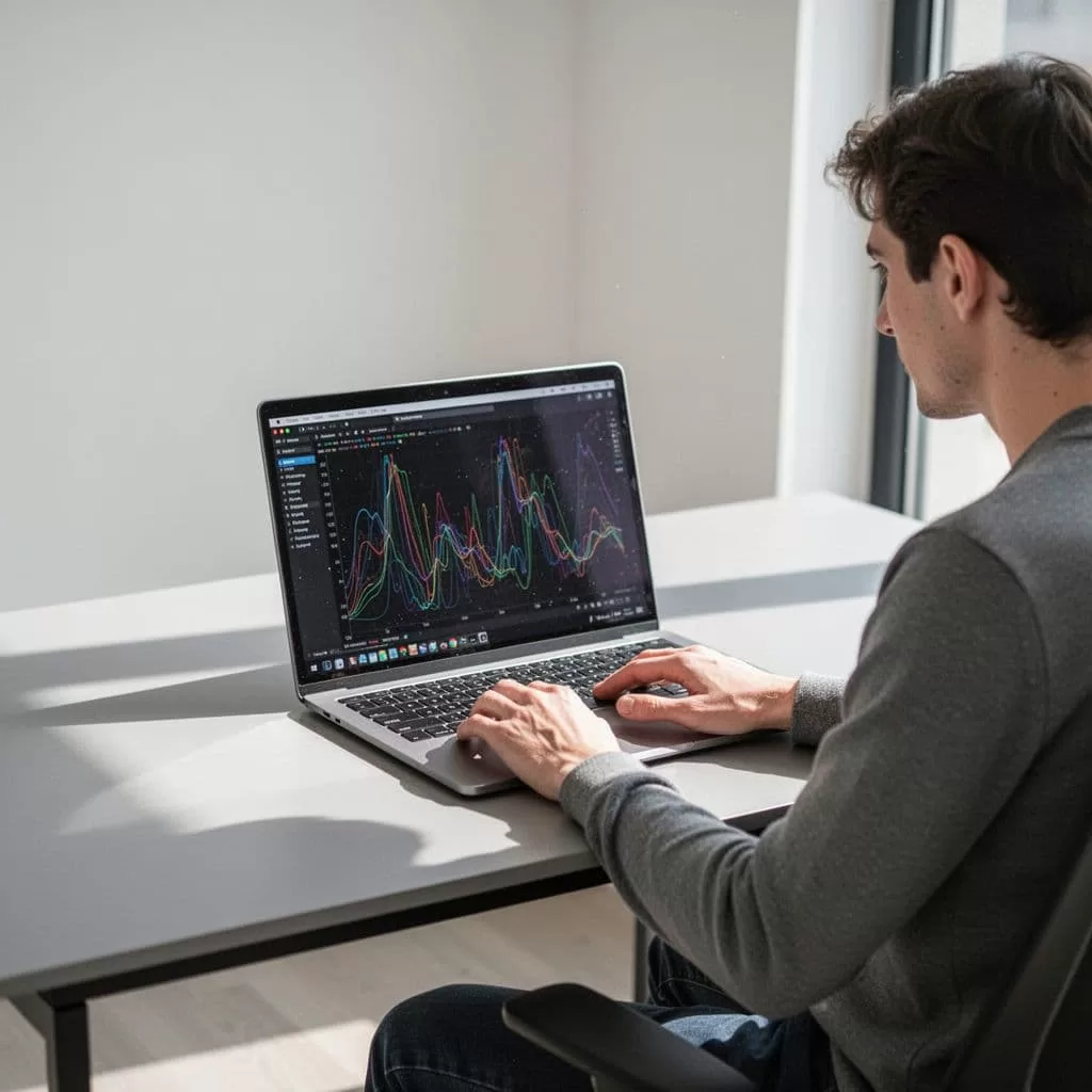 A person sits at a clean modern desk viewing abstract data trends on a laptop screen.