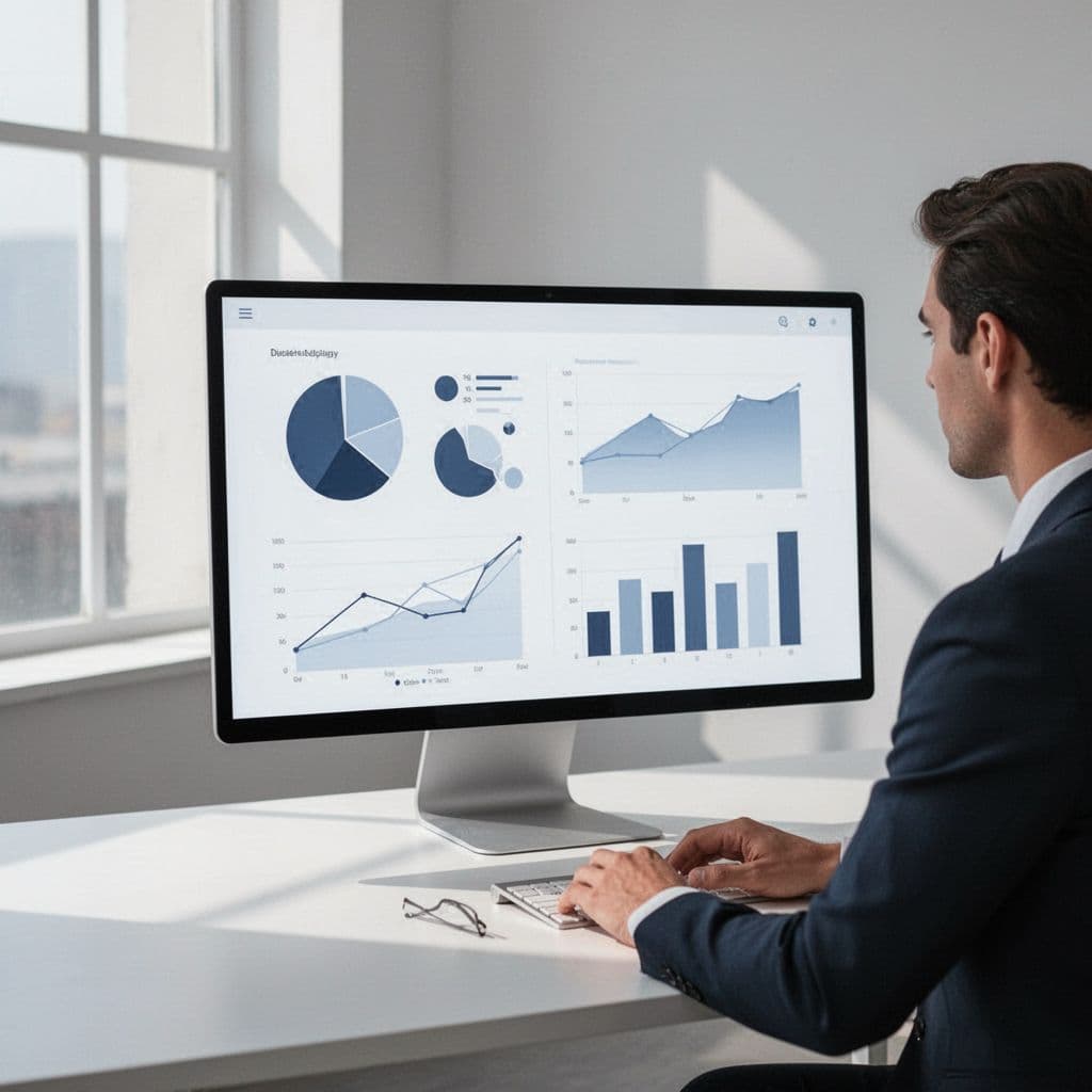 A person reviews analytics displayed on a minimalist digital dashboard screen.