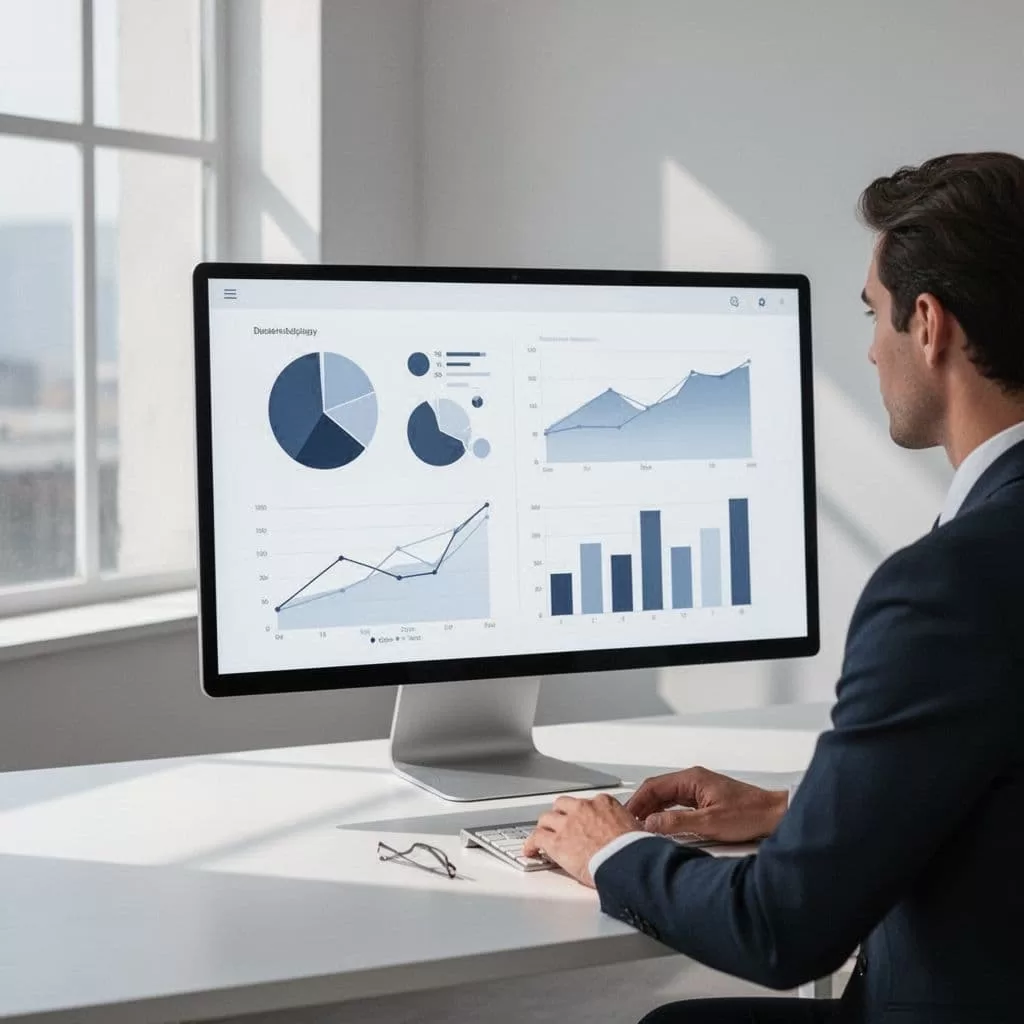 A person reviews analytics displayed on a minimalist digital dashboard screen.