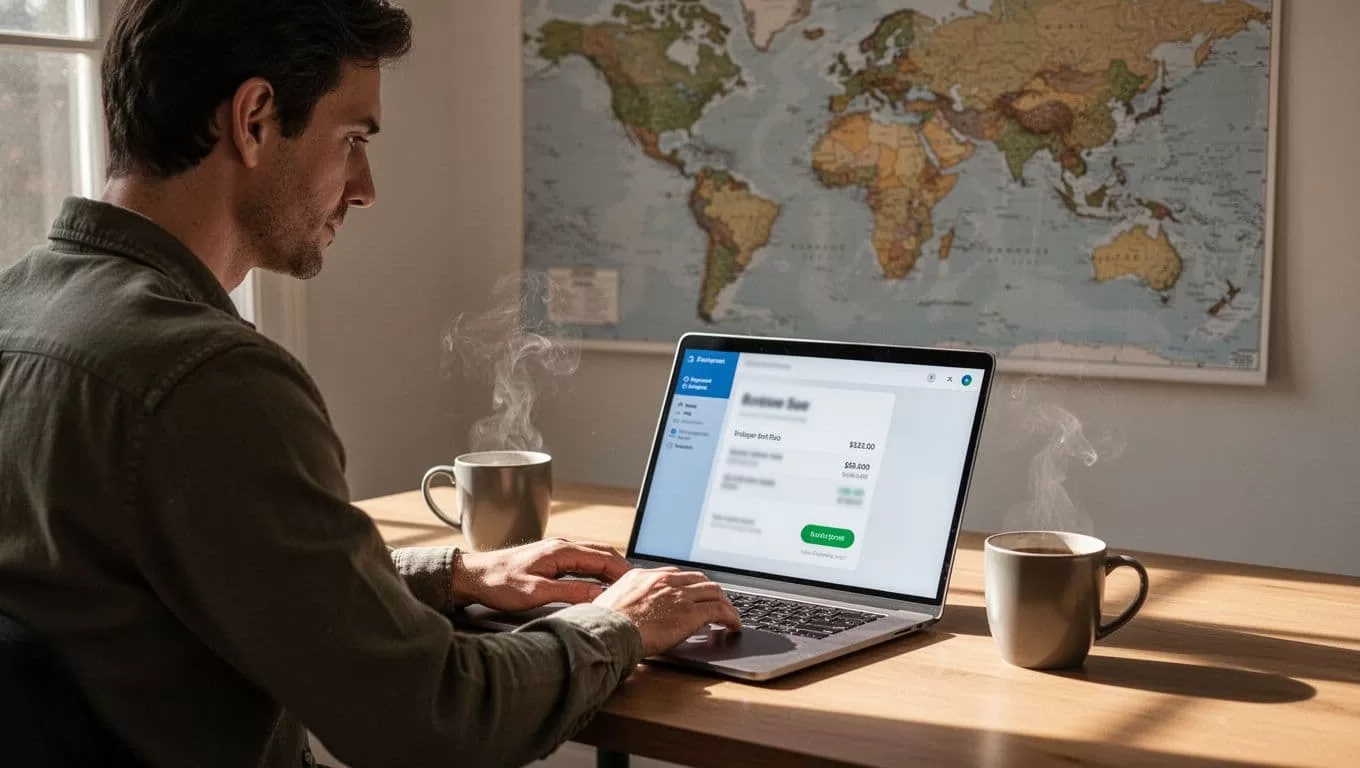 Person at laptop examines blurred UK sort code and account number on Wise transfer screen, coffee mug and world map in background.
