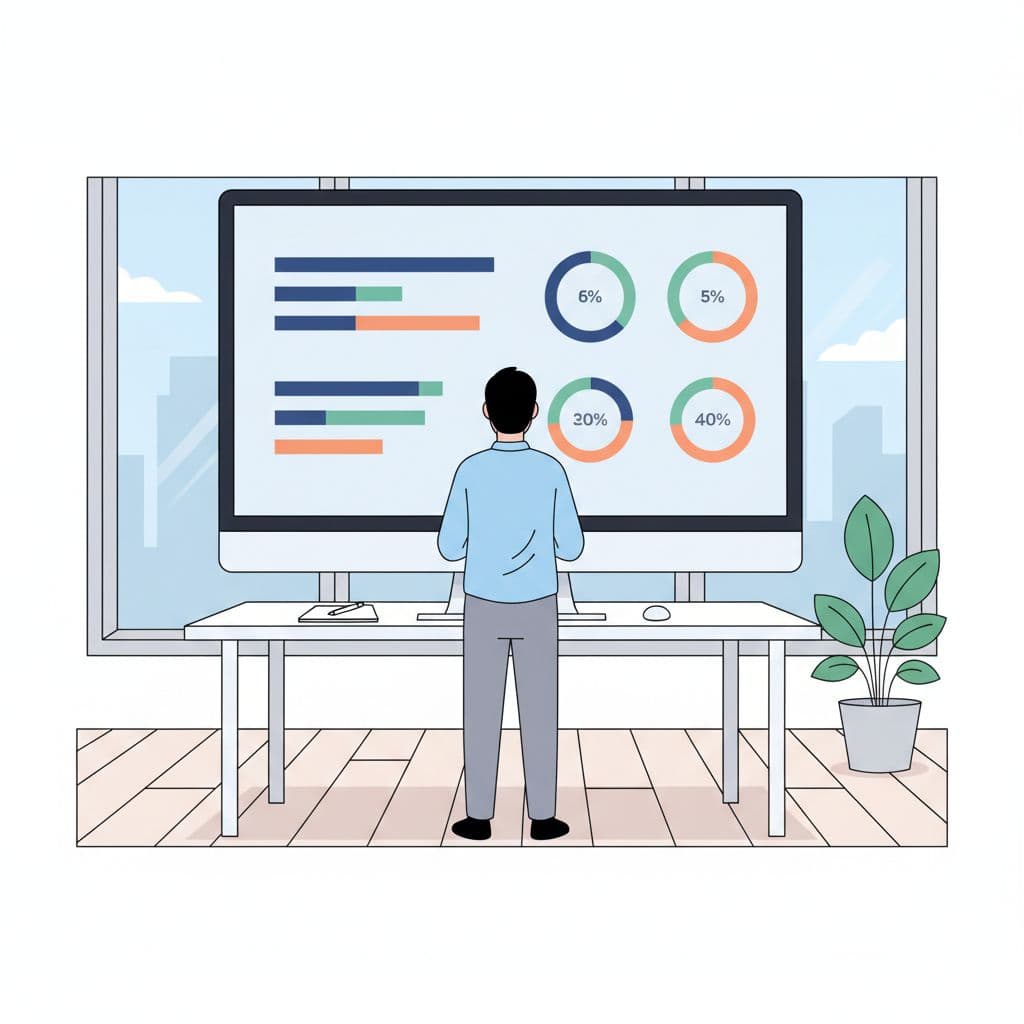 A person sits at a desk viewing data visualizations and progress bars on a large computer monitor.