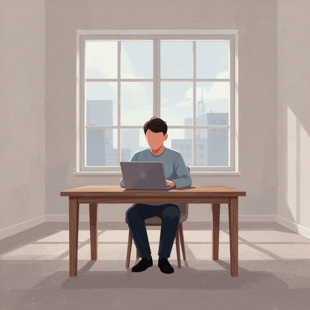 A focused person sits at a wooden desk using a laptop for digital organization.