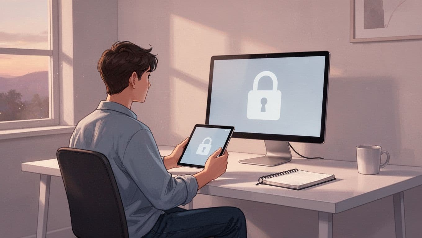 Person at home desk views gated content on tablet with lock icon overlay, notebook nearby.