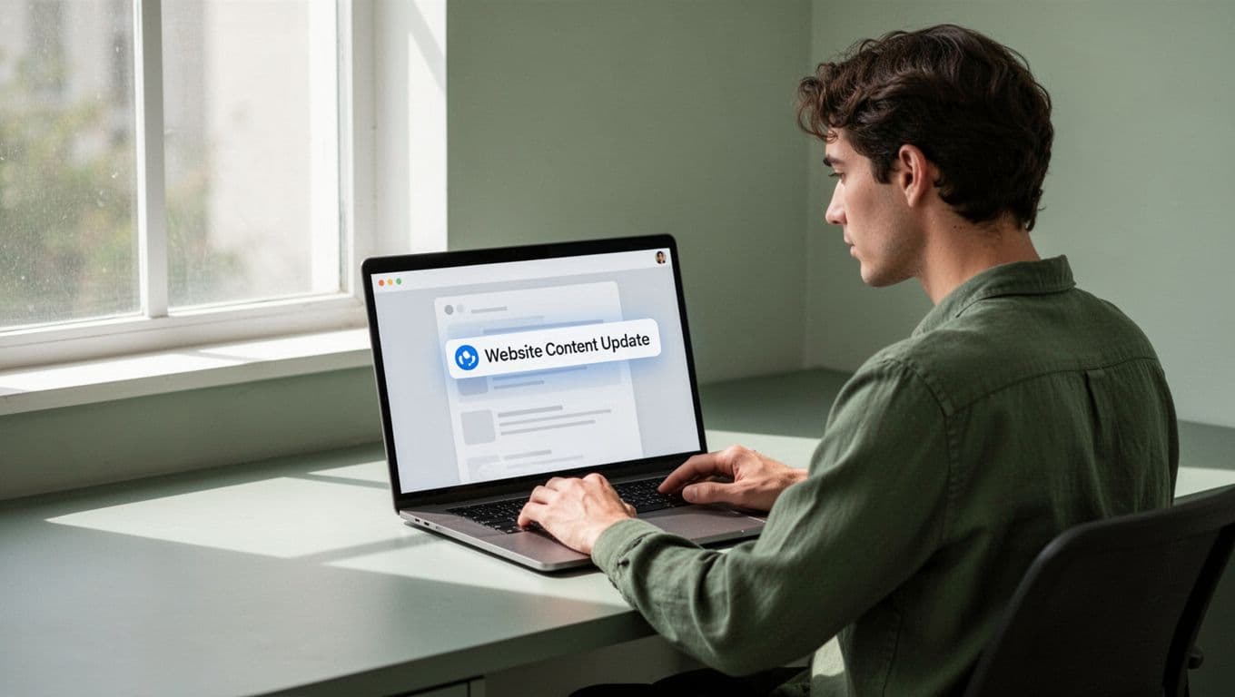 Person at desk relaxedly views email alert about website content update on open laptop browser.
