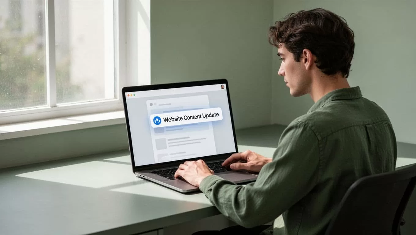 Person at desk relaxedly views email alert about website content update on open laptop browser.