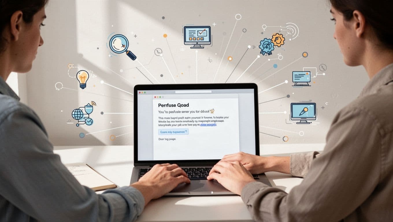 A person types a custom email on a laptop surrounded by digital icons representing research and media connection.