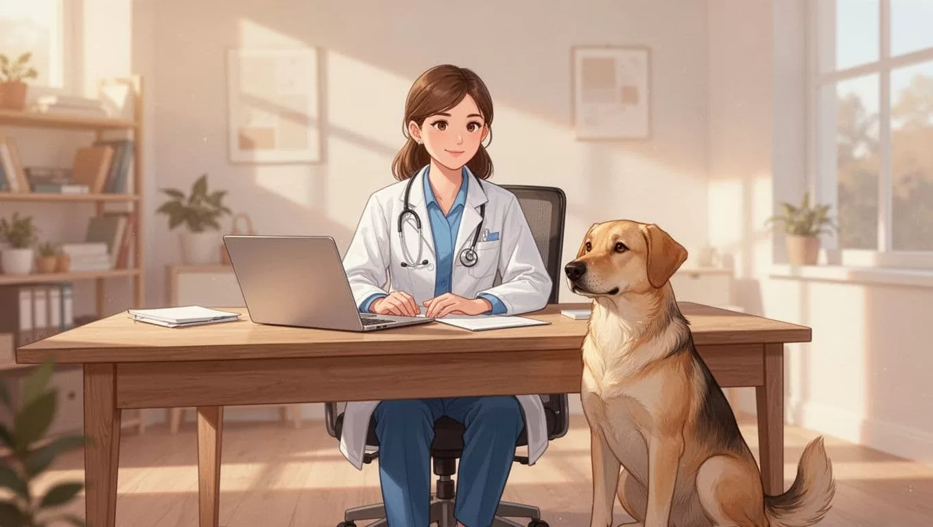 Pet trainer sits at wooden desk with laptop, calm dog nearby in home office.
