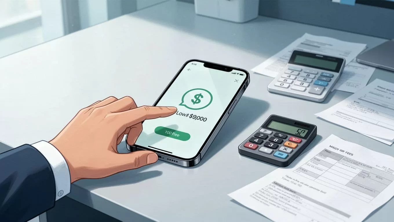 Illustration of hand pointing to low fee on phone screen calculator, desk with notes and calculator nearby.