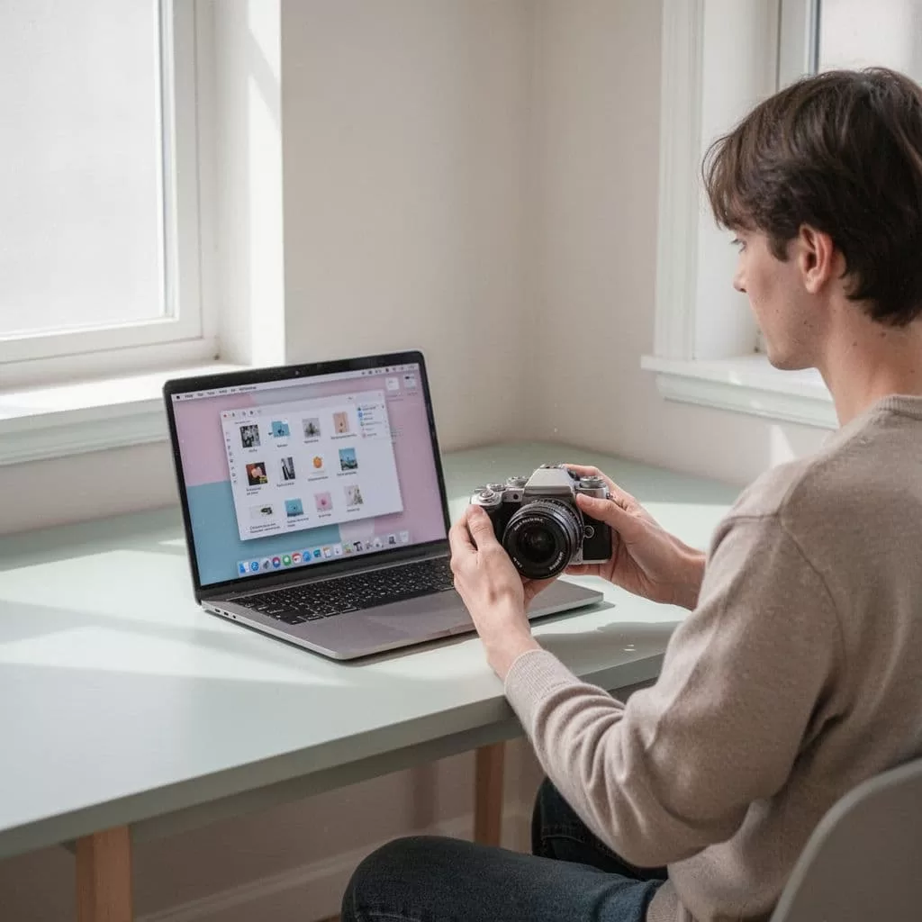 Person sits at desk with camera and laptop showing clean community interface.