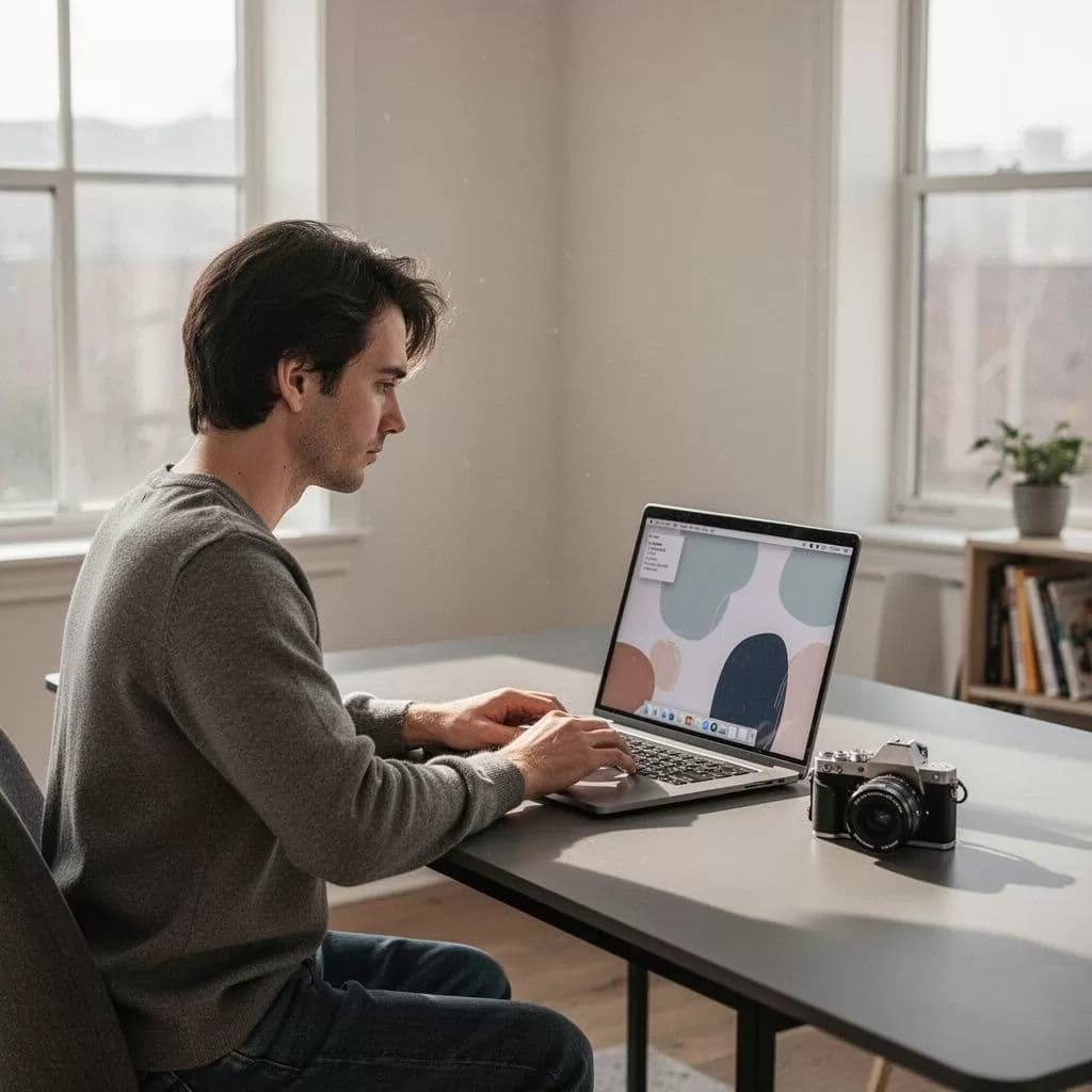 Photographer sits at desk with open laptop and camera, planning online photography class.