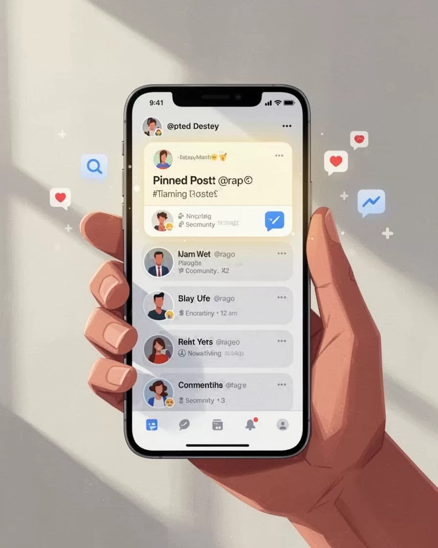 Hand holds mobile device showing highlighted pinned post at top of community feed, with fading posts and notifications below.