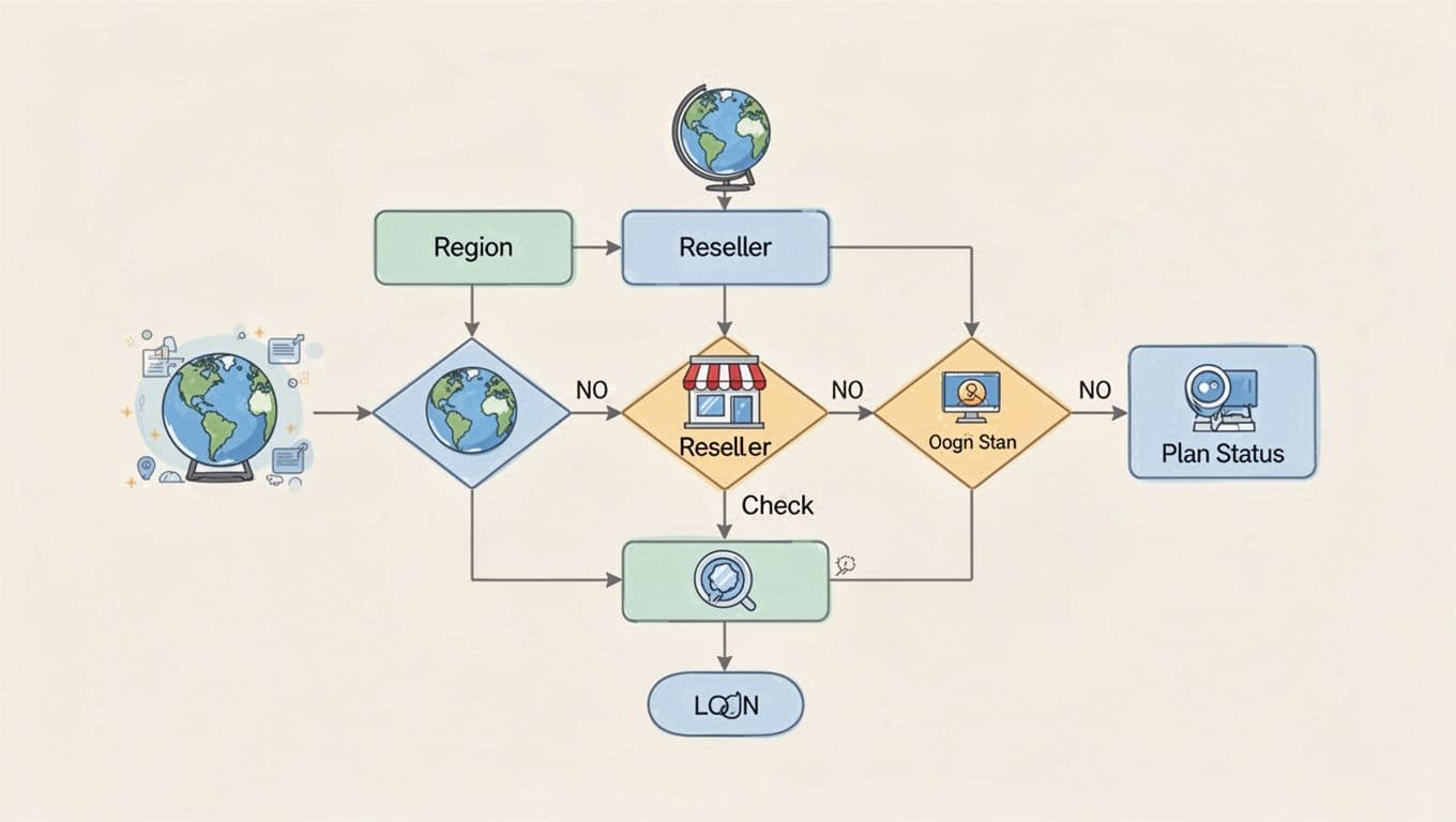 Flowchart from start to decisions on login, reseller, region, leading to full plans or Business Plus view with icons and arrows.