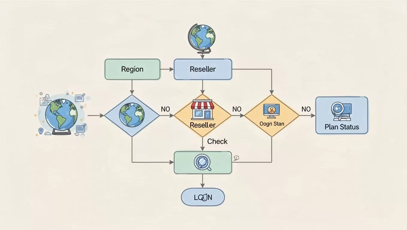 Flowchart from start to decisions on login, reseller, region, leading to full plans or Business Plus view with icons and arrows.