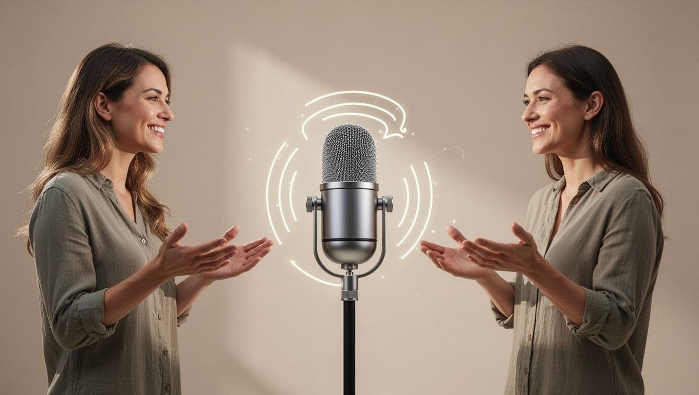 Group of people shares speech bubbles around large friendly microphone icon on neutral background.