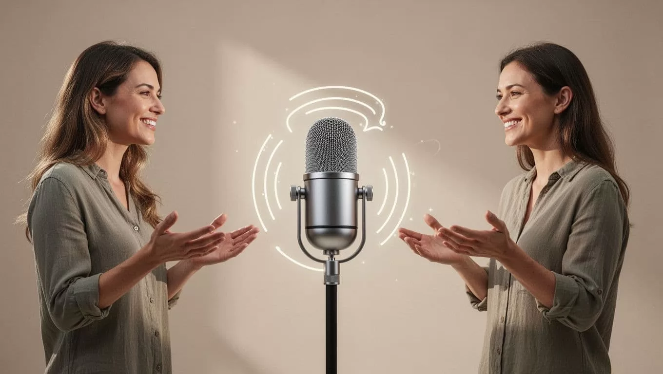 Group of people shares speech bubbles around large friendly microphone icon on neutral background.
