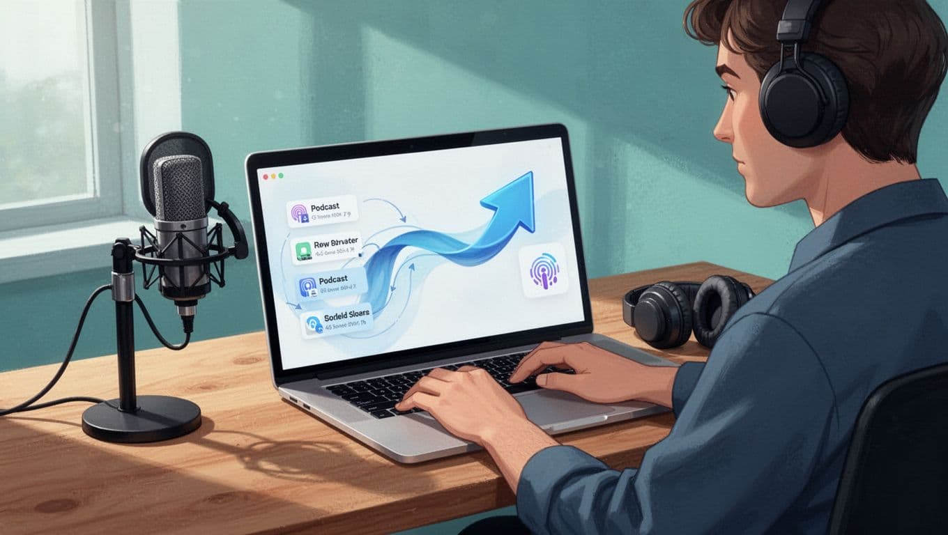 Podcaster at desk with laptop showing episodes transferring via arrow to Transistor.fm icon, microphone and headphones on desk.