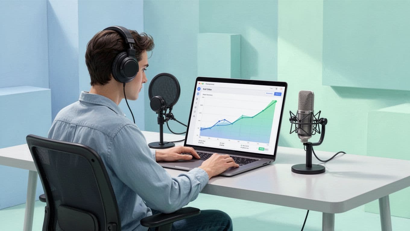 Podcaster at modern desk reviews laptop analytics dashboard showing listener growth charts, microphone nearby.