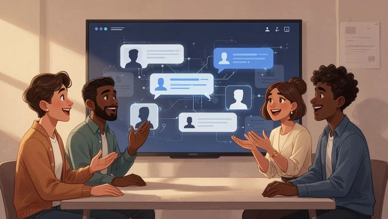 Large screen displays premium online forum with three diverse member profiles and conversation bubbles.