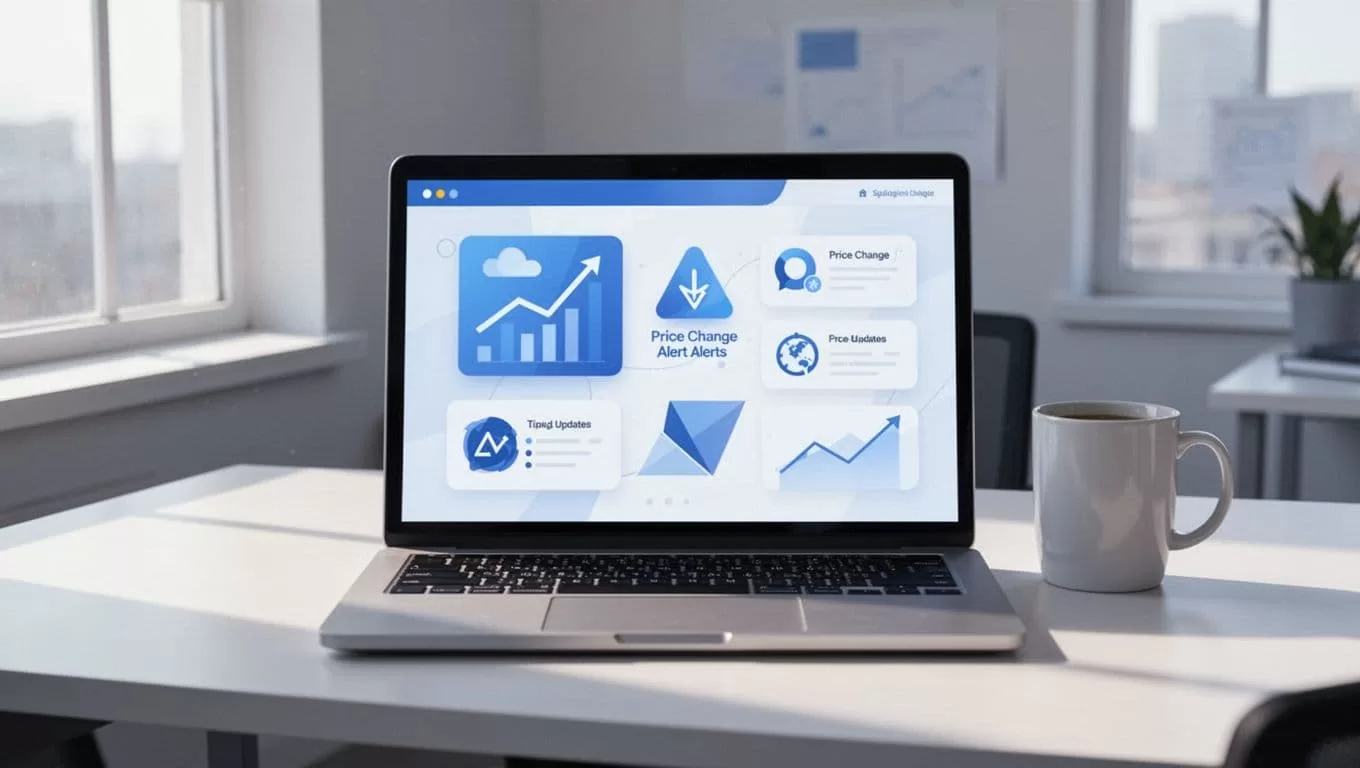 Laptop on office desk shows dashboard icons for new prices and updates next to coffee mug.
