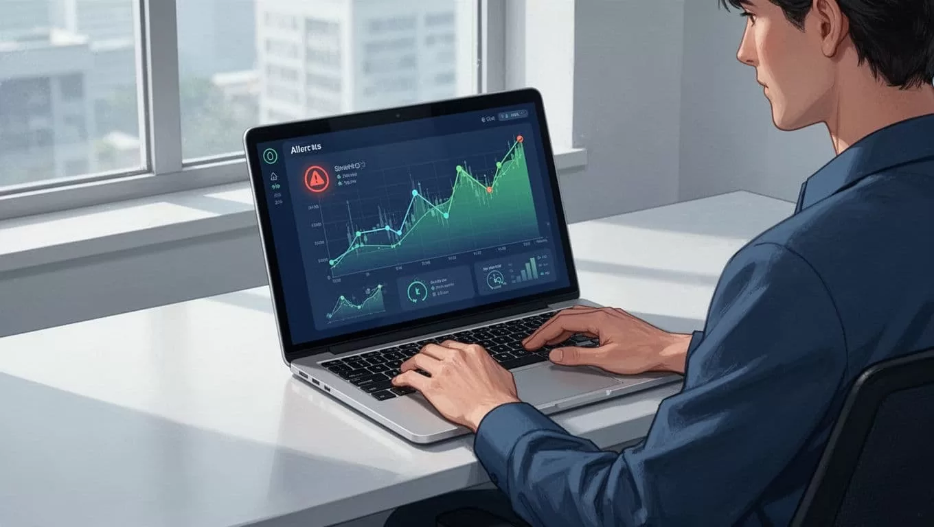 Person seated at modern desk with laptop showing pricing dashboard, price charts, and alert icons.