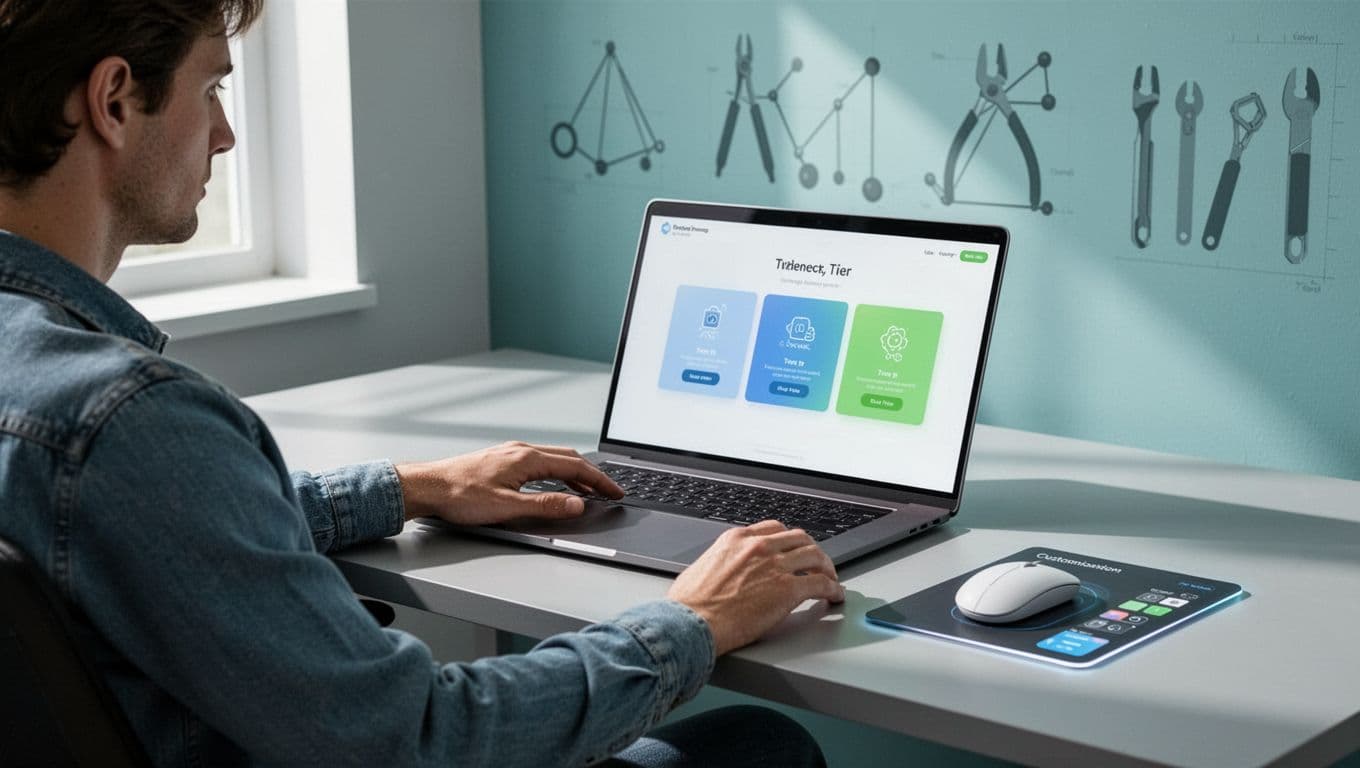 Laptop on desk shows pricing page mockup with three highlighted tier buttons; mouse hovers over nearby customization panel beside relaxed person.