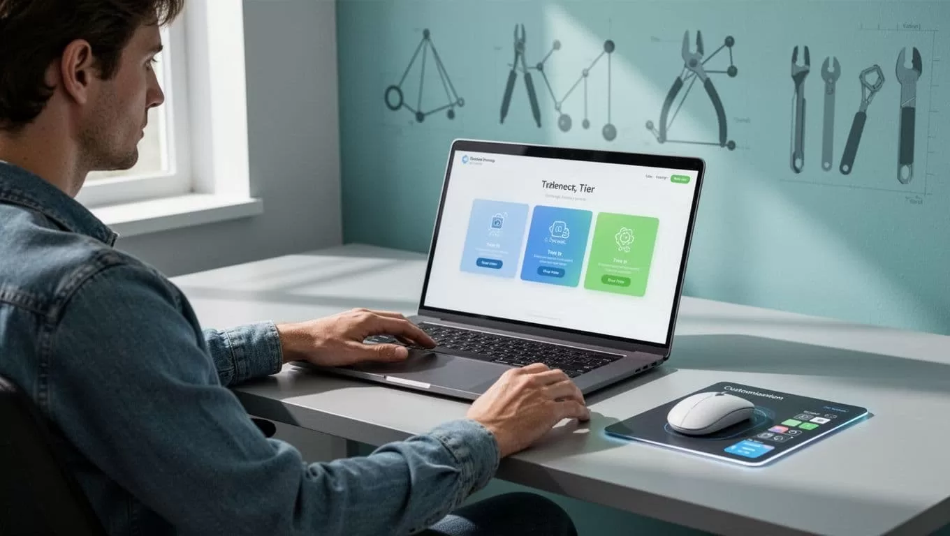 Laptop on desk shows pricing page mockup with three highlighted tier buttons; mouse hovers over nearby customization panel beside relaxed person.