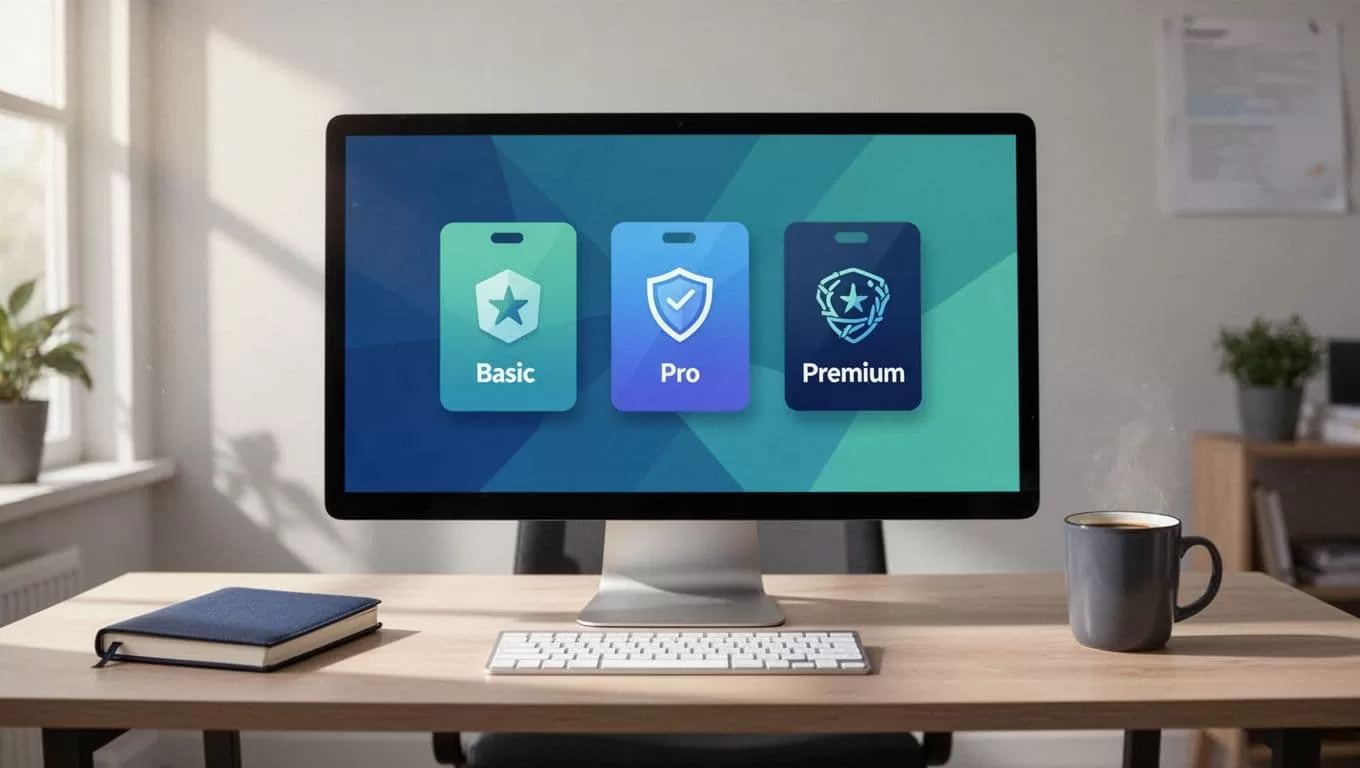 Computer screen displays three pricing cards for basic, pro, premium levels with feature icons on a home office desk with notebook and mug.