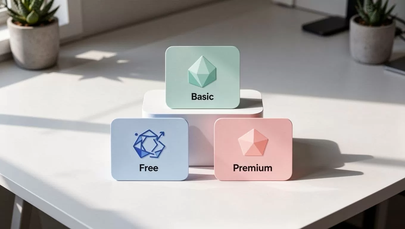 Three pricing tier cards stacked in a pyramid on a clean desk surface, viewed from above with subtle shadows.