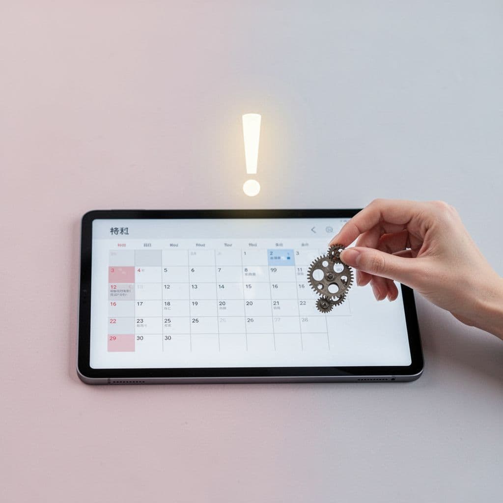 A minimalist illustration shows a digital calendar with an alert icon balanced against a gentle repair process.