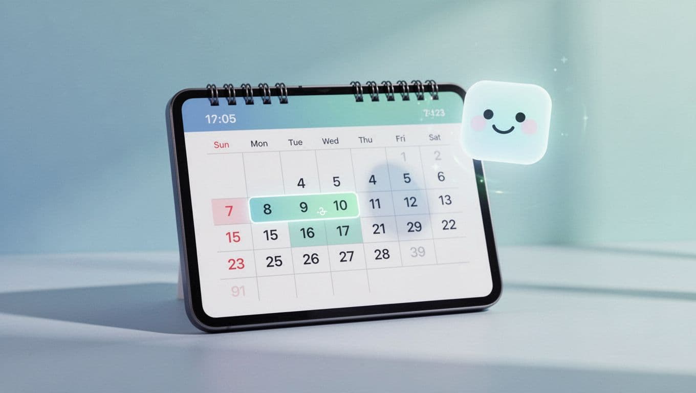 A digital calendar features a highlighted date with a gentle notification icon floating nearby.