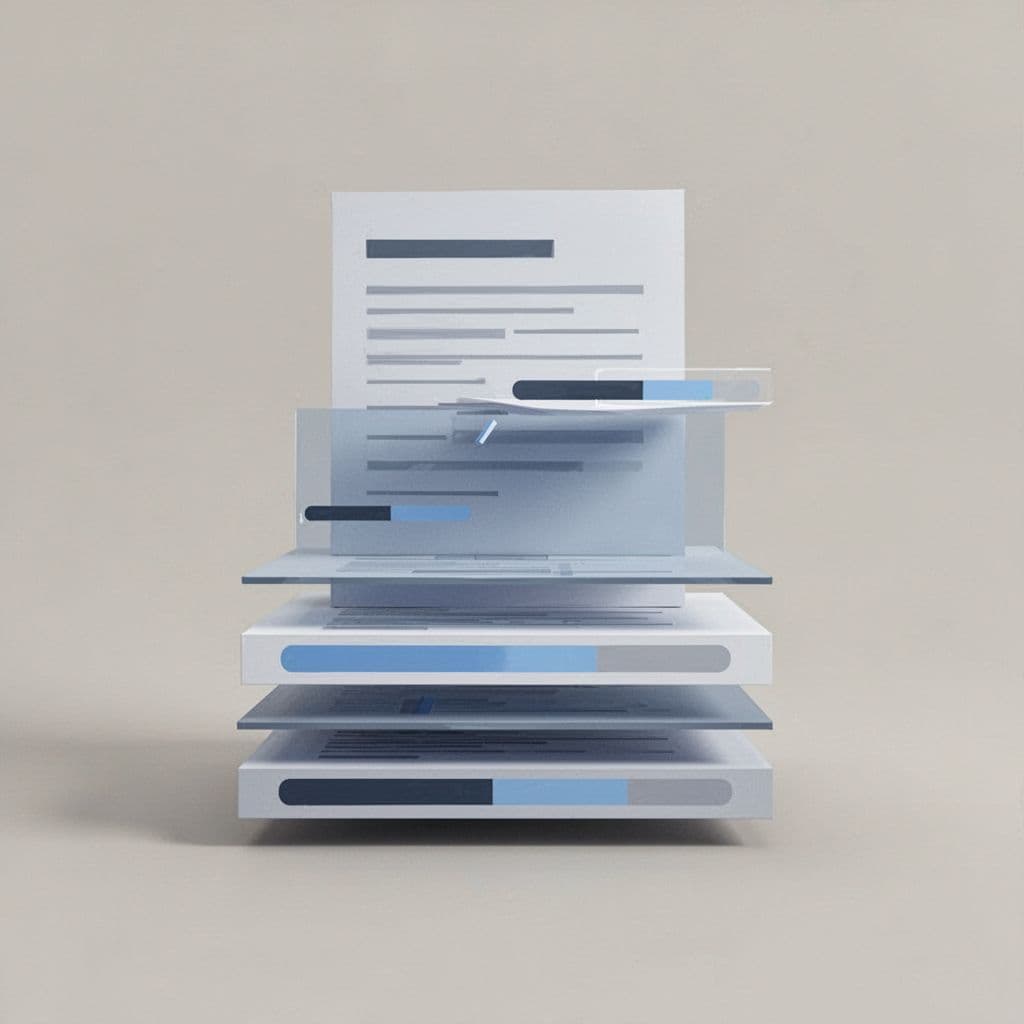 A balanced stack of flat, geometric shapes representing progress bars and data documentation.