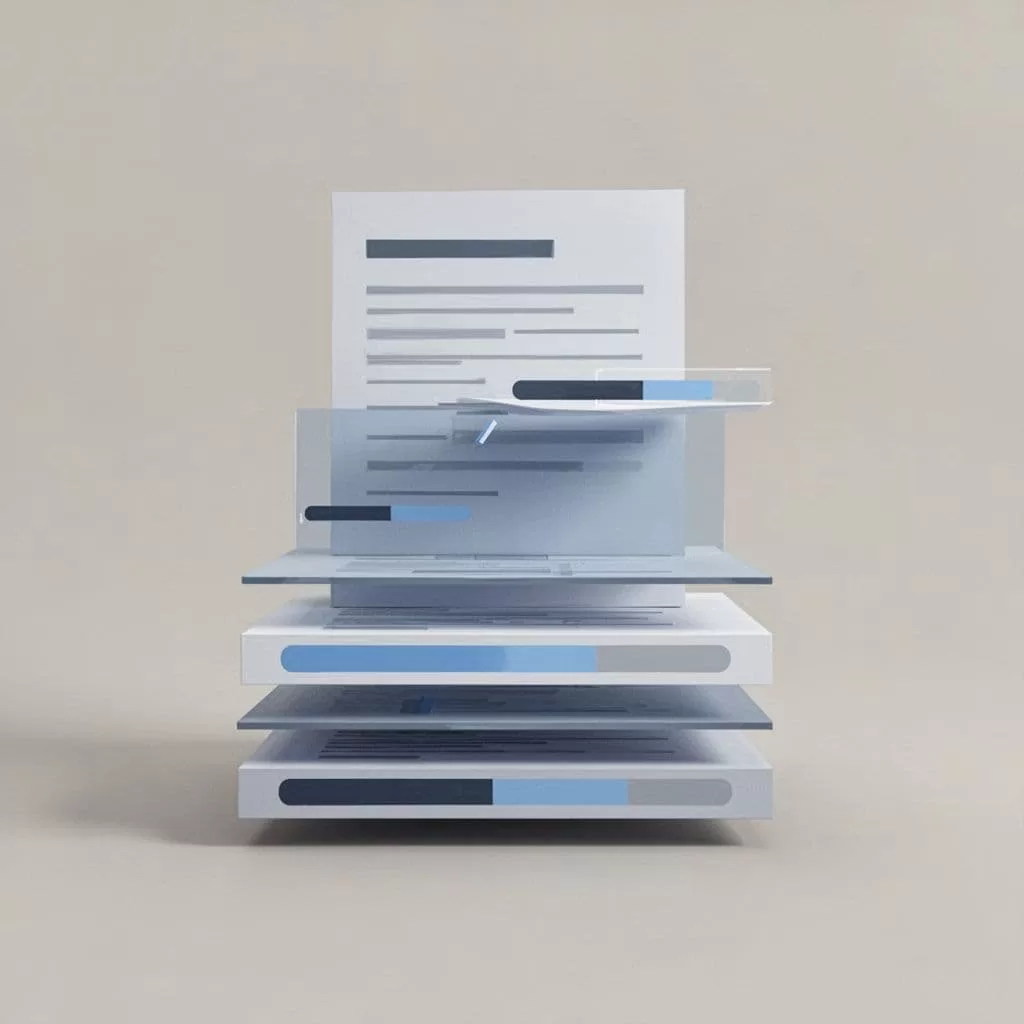 A balanced stack of flat, geometric shapes representing progress bars and data documentation.