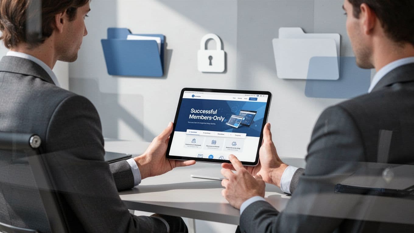 Professional at modern desk holds tablet showing unlocked members-only page with success indicator and lock icon.