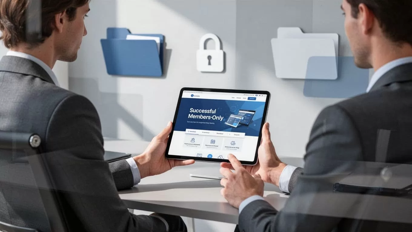 Professional at modern desk holds tablet showing unlocked members-only page with success indicator and lock icon.