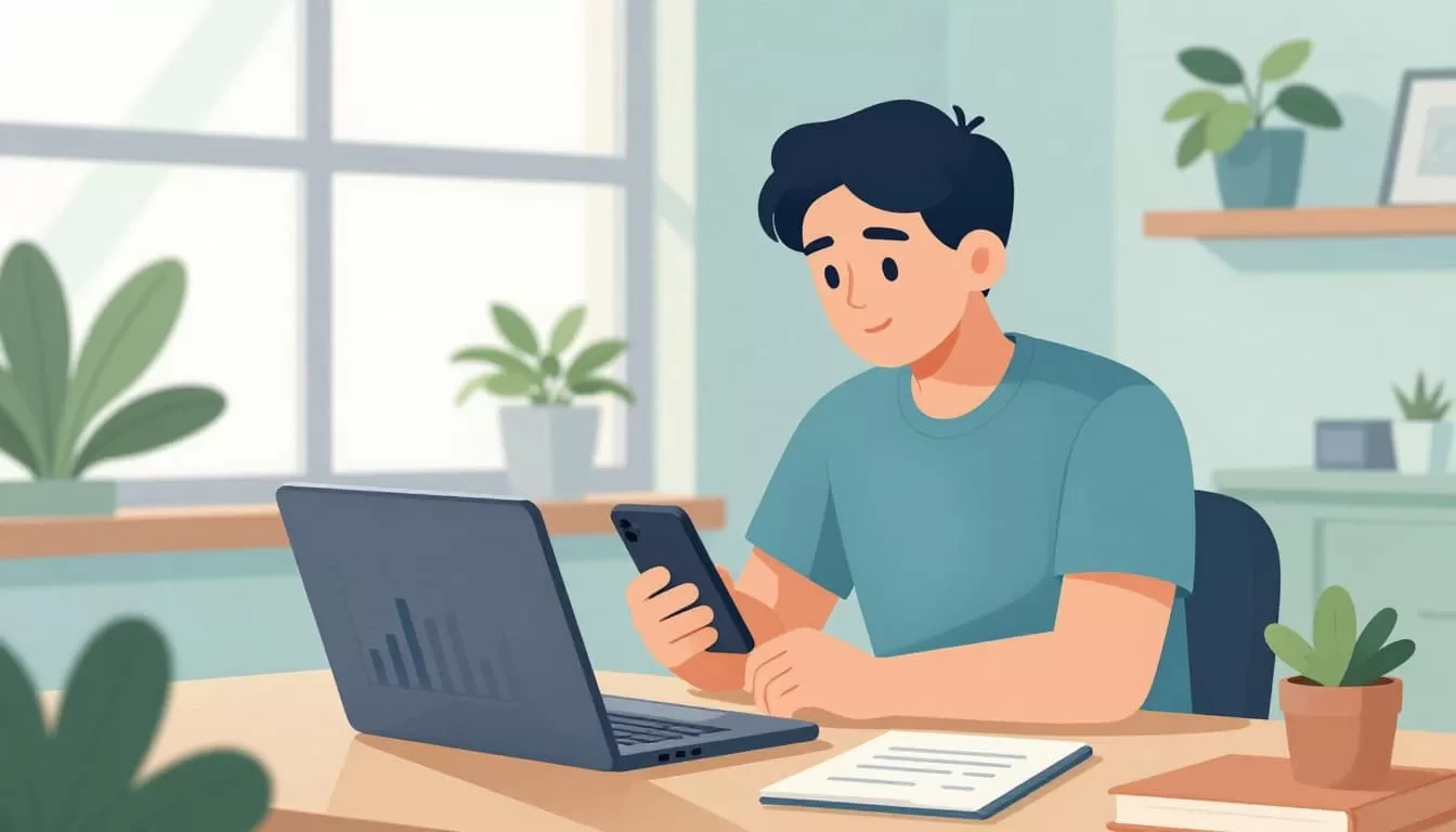 Young professional seated in cozy home office holds smartphone while laptop displays bar graph of cancellation categories.