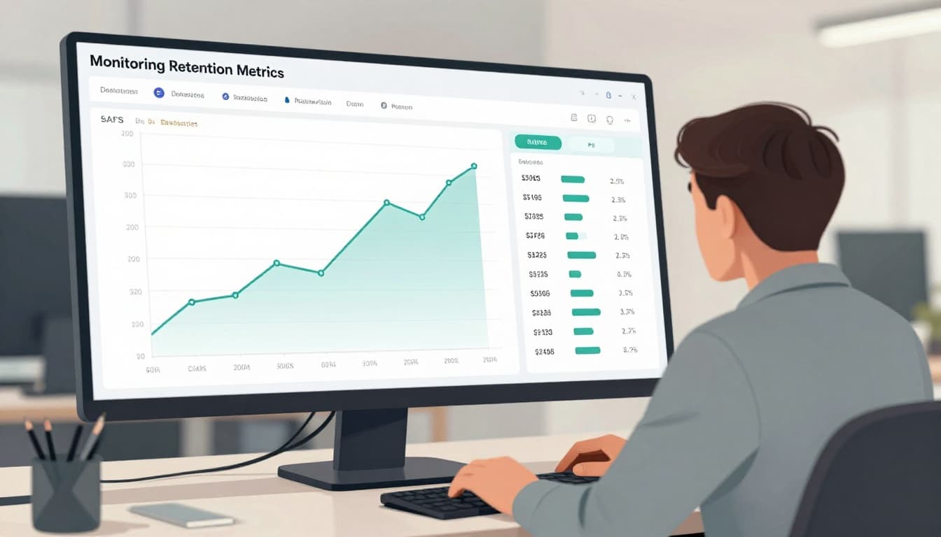 A professional examines abstract data charts about customer retention and growth on a large office monitor.