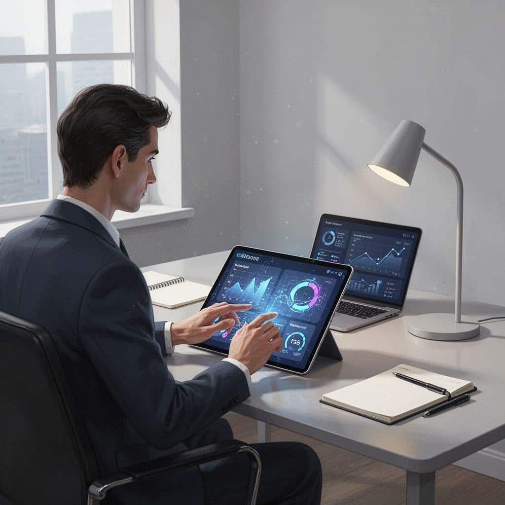 A person examines professional analytics on a tablet within a clean, minimalist workspace.