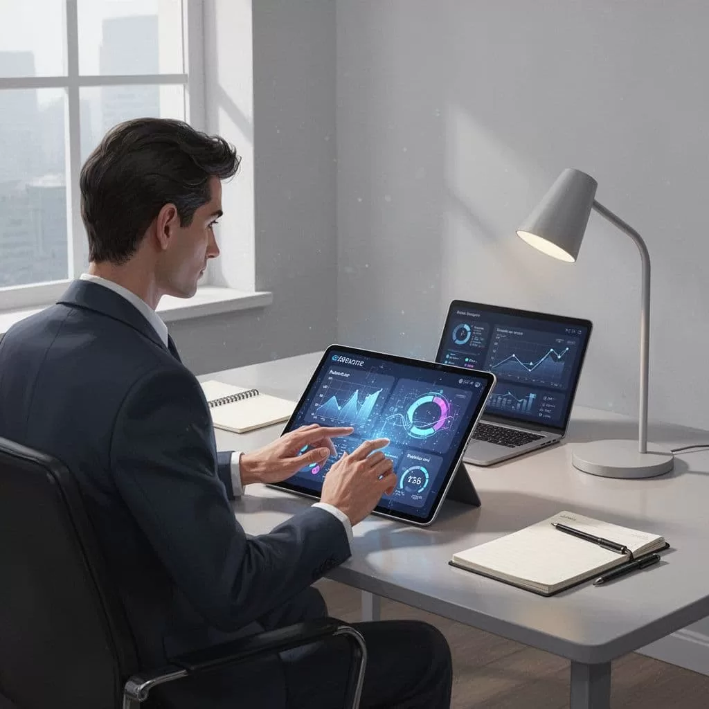 A person examines professional analytics on a tablet within a clean, minimalist workspace.