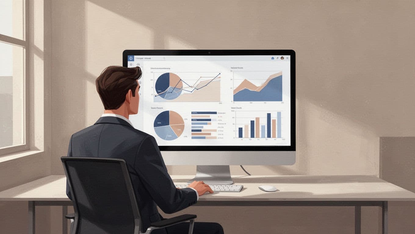 A professional sits at a clean desk viewing financial charts on a computer screen.