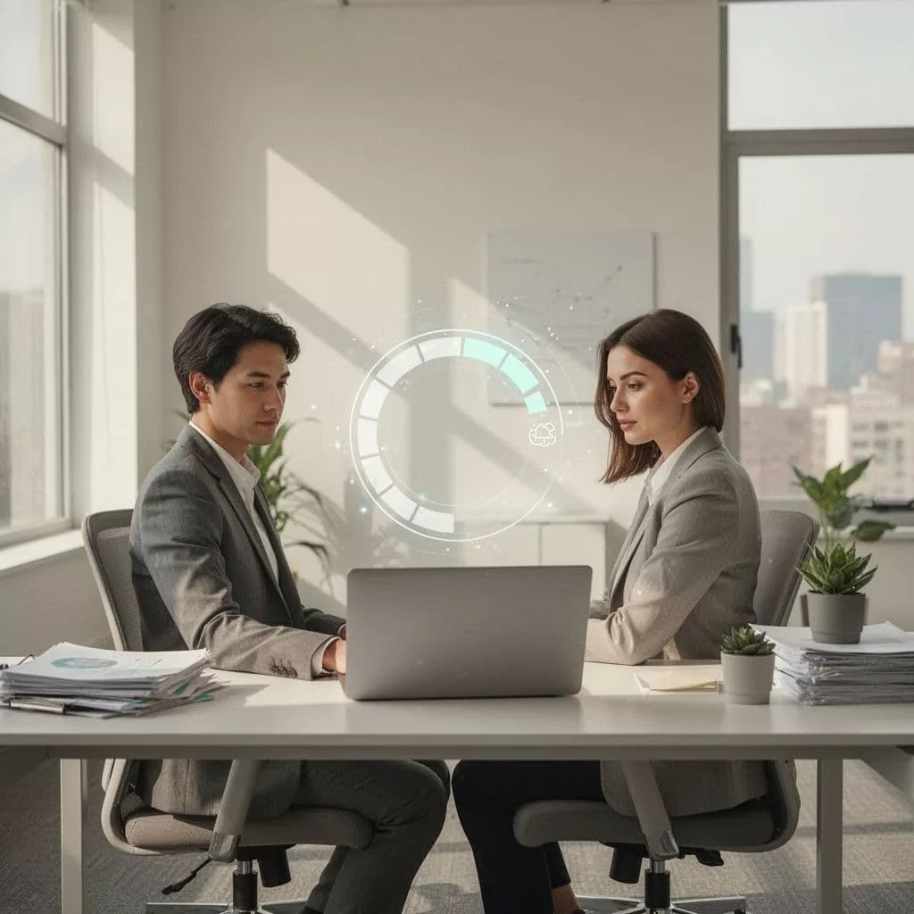 A focused professional sits at a clean desk using a laptop. A glowing, simplified digital path graphic hovers above the screen to visualize an efficient workflow in neutral modern tones.