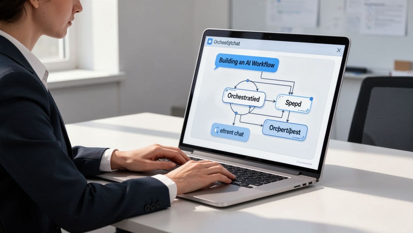 Focused professional at desk with laptop screen showing chat interface and emerging workflow diagram.