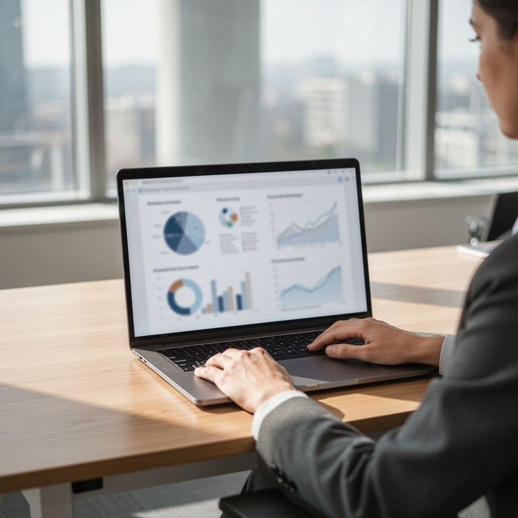 A professional works on a laptop displaying abstract data charts in a bright, modern office space.